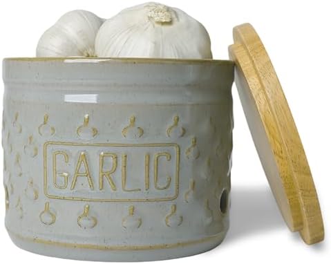 Ceramic Garlic Keeper with Lid, Garlic Holder 4.3-Inch (Vintage Grey)