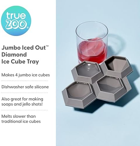 TrueZoo Jumbo Iced Out Diamond Ice Tray, Easy Release Silicone Ice Mold for Whiskey, Cocktails, Spirits, Iced Tea, Beverages, Bar Cart Accessories, Kitchen & Home Bar Gifts, Set of 1, Grey