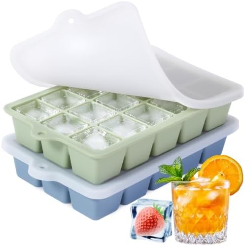 Silicone Ice Cube Trays with Lids(2Pack,Blue+Green)