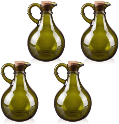 Suclain 4 Sets 12oz Glass Oil and Vinegar Cruet Set Round Oil Dispenser Olive Bottle with Airtight Stopper Salad Dressing Bottle Glass Condiment Container for Kitchen Homemade Olive Condiment(Green)