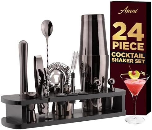 Asani Cocktail Shaker Set Bartender Kit - 24-Piece Home Bartending Kit with Stand and Recipe Booklet - Includes Cocktail Mixer, Corkscrew, Hawthorne Strainer, Double Jigger and More Bartender Tools