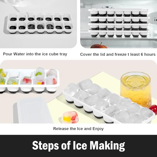 DclobTop Ice Cube Trays with Lid and Bin, Ice Trays for Freezer - Easy to Release Silicone Mold, Stackable Reusable Plastic Molds for Cocktails, Whiskey, Drinks and Iced Coffee, BPA-Free