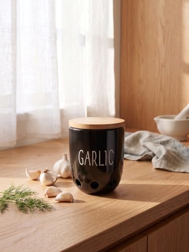 Ceramic Garlic Saver Container with Wood Lid (Black)