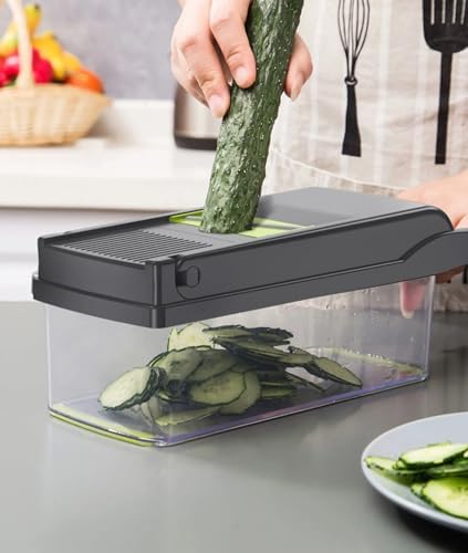 Multifunctional Vegetable Chopper with Container - Mandoline Slicer & Cheese Grater - Onion Chopper & Spiralizer - Kitchen Gadgets with 8 blades Veggie Cutter, Dicer, Mincer & Strainer