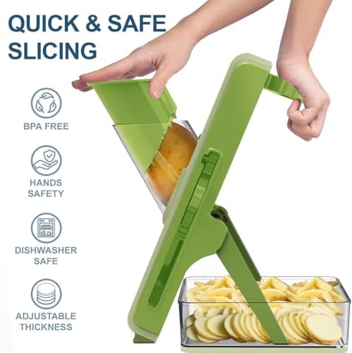 Mandoline Slicer Safe Multifunctional Dicer Adjustable Commercial Slicer Machine Stainless Steel Chopper (Deep Light Green)