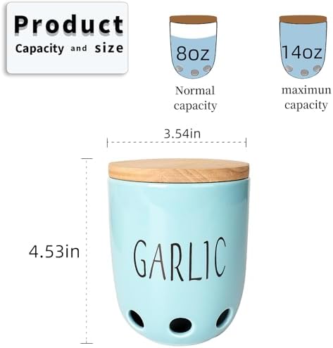 Ceramic Garlic Saver Container with Wood Lid (Turquoise)