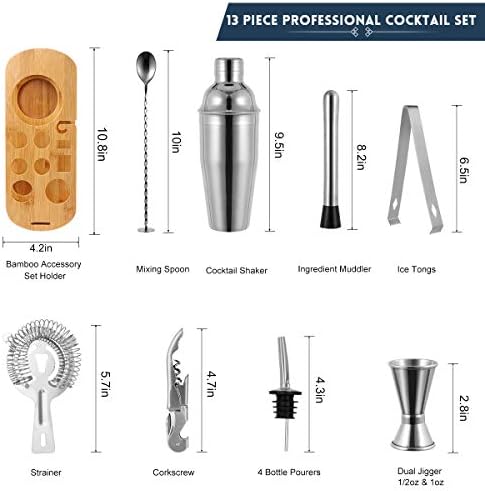 12-Piece Cocktail Shaker Set with Stand – 25oz Bartender Kit Including Shaker Jigger Muddler Bar Spoon Strainer Tongs 4 Pourers & Opener – Gift Box for Home Entertaining