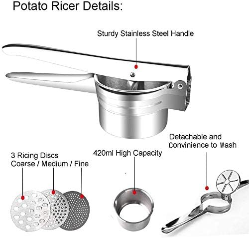 Potato Ricer Masher - Premium Stainless Steel, 3 Interchangeable Discs - Manual Potato Press, Ideal for Fruits, Vegetables, Baby Food Easy to Clean