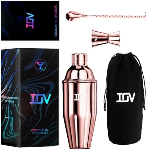 IOV Cocktail Shaker Bar Set, 24oz Martini Shaker with Built-In Strainer, Bar Tool Kit with Recipes Booklet, Professional Stainless Steel Large Bartender Drink Shaker Margarita alcohol Mixer- Rose Gold