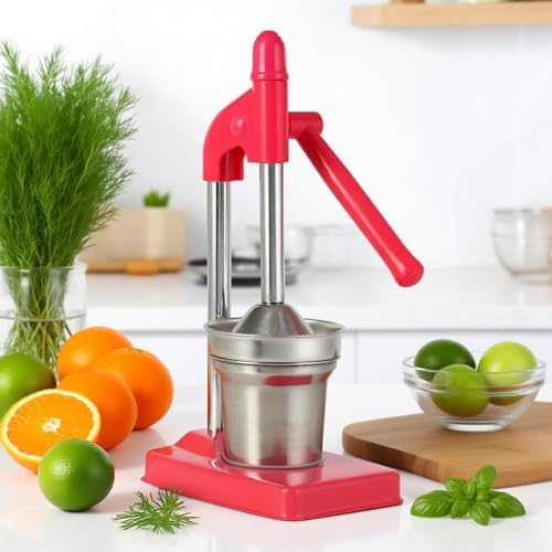 Cast Iron Juicer Hand Press, Manual Juicer Stainless Steel Lemon Squeezer, Heavy Duty Countertop Lime Citrus Crush Machine for Fresh Lemonade Orange Juice, Easy to Clean, Home and Kitchen (Red)