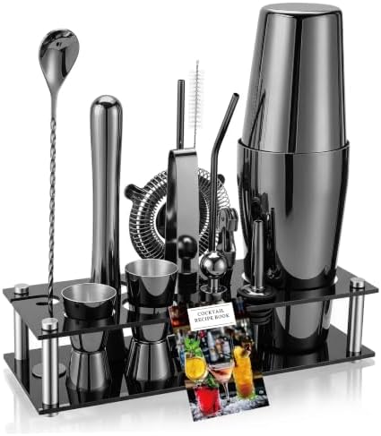 Boston Cocktail Shaker Set, 18 oz & 28 oz 2-Piece Tins, 304 Bartender Kit 15-Piece Bar Tool Set with Acrylic Stand & Recipe Book, for Novices & Pros, Home and Bar Use (Black)