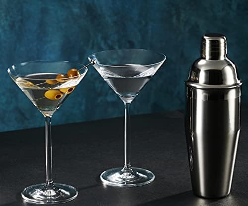 Godinger Cocktail Shaker Set and Martini Glasses Bar Set, Stainless Martini Shaker with Stemmed Cocktail Glasses and Double Jigger, 4 Piece Gift Set
