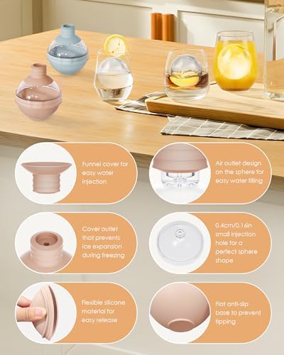 Large Ice Ball Molds for Whiskey & Cocktails with Funnel Lid - Big Sphere Ice Cube Trays for Drinks, Bourbon, and Wine, Silicone Round Ice Maker for Freezer (Set of 4) - Reusable Easy-Release Ice Tray