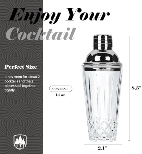 Glass Cocktail Shaker Set with Built-in Strainer - 14 ounces Margarita & Martini Mixer Bartender Tools for Whiskey, Coffee, Beverages, Durable Crystal clear Shaker Cup for Party, Home Bar & Gifts
