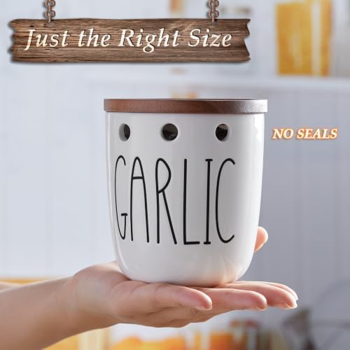 DAYYET Garlic Keeper for Counter, Ceramic Garlic Keeper with Non-Sealed Acacia Wood Lid, Garlic Holder Storage Container to Keep Your Garlic Cloves Fresh Longer, Garlic Saver for Kitchen, White
