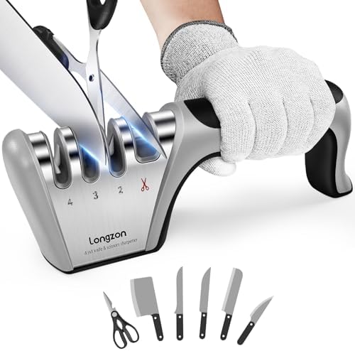 Longzon 5-in-1 Knife Sharpener 4 Stage with Cut-Resistant Glove, Quickly Sharpens & Restores Dull Blades, Easy & Safe for Home Manual Kitchen Use, Fits Most Knives and Scissors, Black+Silver