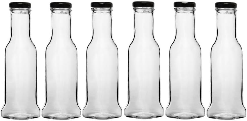 Nakpunar 6 pcs 11 oz 330 ml Wide Mouth Empty Glass Bottles with Black Plastisol Lined Lids - Square bottom, straight side top - for Oil, Sauces, Milk, Water, Beverages