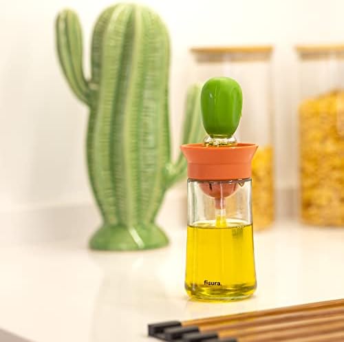 FISURA Oil Bottle with Green and Orange Brush 180ml Glass Oil Dispenser with Brush for BBQ and Kitchen Silicone and Glass
