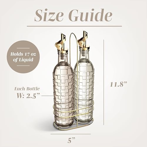 COOK WITH COLOR Glass Olive Oil Bottle Dispenser - 2 Pack- 17oz Oil and Vinegar Cruet - Olive Oil Carafe Decanter for Kitchen, Checkered, Brown