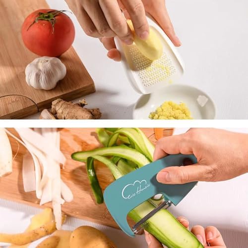 TopHomer Kitchen Gadgets Set 5 Pcs, Cheese Grater, Pizza Cutter, Bottle Opener, Vegetable Peeler,Garlic/Ginger Grinder, for Travel, Camping