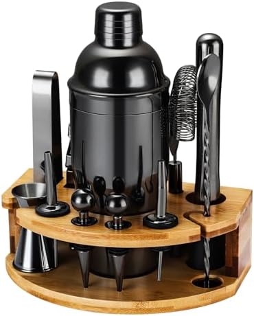 Cocktail Shaker Set Bartender Kit with Stand, 12 Piece Bar Set Drink Mixer Set with Stainless Steel Bar Accessories Tools: 25oz Martini Shaker Jigger Strainer Spoon Muddler for Cocktails (Black)