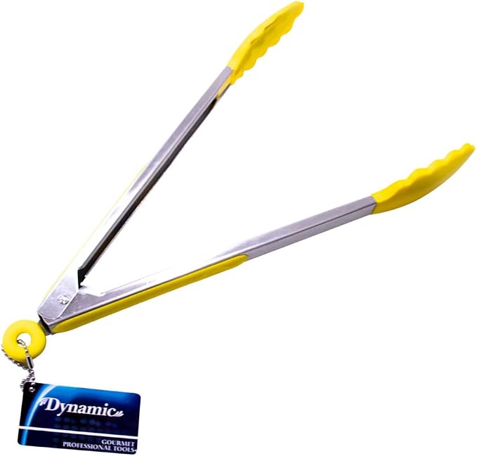 Dynamic 12" Locking Tongs With Silicone Heads, Yellow