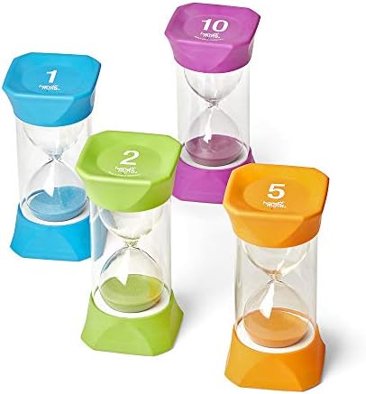 hand2mind Jumbo 1, 2, 5, and 10 Minute Sand Timer Set with Soft Rubber End Caps, Hourglass Timer, Visual Timer for Toddlers, Calm Down Corner, Time Out Timer, Large Classroom Timer (Set of 4)
