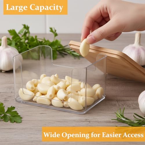 Garlic Keeper for Counter, Garlic Holder Countertop with Bamboo Lid, Garlics Storage Container to Keep Your Garlics Cloves Fresh Longer, Kitchen Accessories, Clear