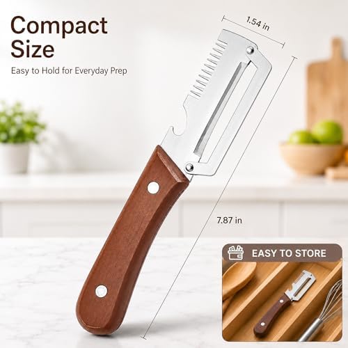Multifunctional Vegetable Peeler Julienne for Kitchen: Elite and Shredder Gadgets 3-in-1 Stainless Steel Bottle Opener Tool with Wood Handles for Cabbage Carrots Potato Cucumber Veggie(2)