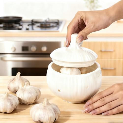 Ceramic Garlic Keeper for Counter with Lid Ventilation Holes