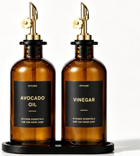 Olive Oil Dispenser for Kitchen, 2-Pack 12oz Glass Bottle with Gold Labels