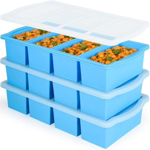 ZIP STANDING Silicone Freezer Trays with Lid,1-cup Soup Freezer Container large Ice Cube Molds with Reinforced Steel Ring Top for freezing Soup Sauce Broth Leftovers oven Dishwasher -Safe(3-Pack)
