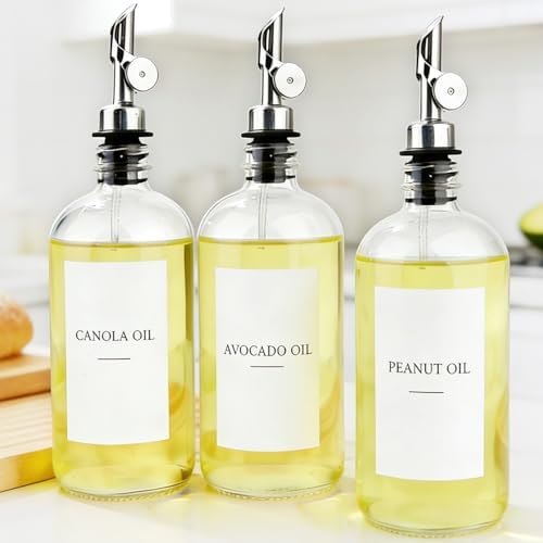 3PCS Oil Dispensers with Labels 16.23oz Kitchen Cooking Glass Bottles Containers with 304 Stainless Steel Automatic Pump Heads Anti-Corrosion & Rustproof