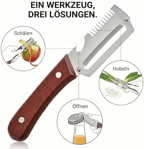 3-in-1 Peeler with Wooden Handle, Stainless Steel Blade, Multifunctional Vegetable Peeler, Julienne Slicer and Bottle Opener, Cleaning Brush