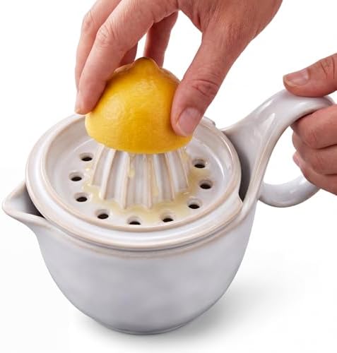 Sawysine Ceramic Lemon Squeezer Manual Citrus Juicer with Strainer Hand Press Lime Orange Reamer with 8.45 oz Cup Strainer Lid Spout Handle for Citrus Fruits Home Kitchen Bar(Stylish,White)
