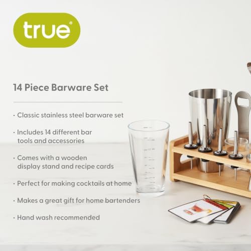 True 14-Piece Barware Set with Wood Stand for Mixing Cocktails and Drinks, Perfect Home Bar Accessories, Mixology Bartender Kit, Bartending Supplies