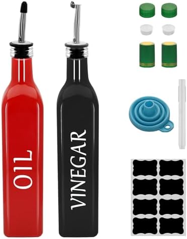 Olive Oil Dispenser Bottle,2 Pcs 17oz 500ml Glass O il and Vinegar Dispenser Set with 2 Stainless Steel Pourers, 8 Labels,Funnel Vinegar Bottles for Kitchen (Red Oil & Black Vinegar)