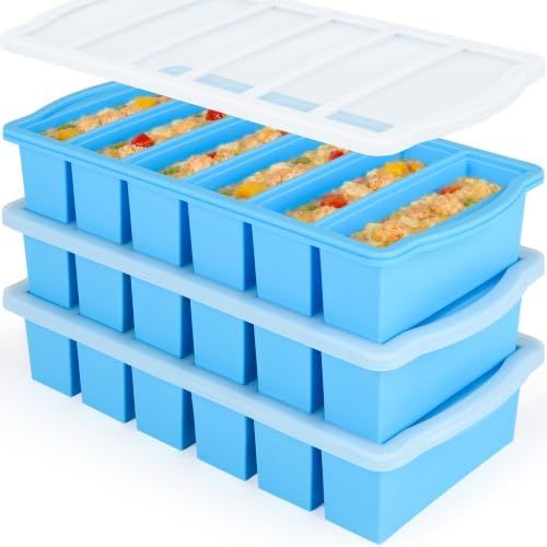Zip Standing Silicone Freezer Trays with Lid,1-cup Soup Freezer Container large Ice Cube Molds with Reinforced Steel Ring Top for freezing Soup Sauce Broth Leftovers oven Dishwasher -Safe(3-Pack)