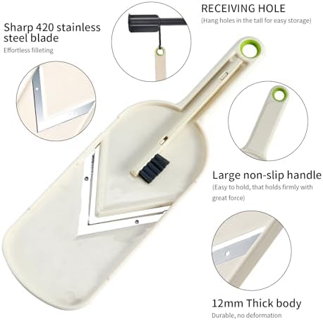 Multi Handheld Mandoline Slicer - Stainless Steel V Blade, with Cleaning Brush, Comfort Grip, Easy to Clean, for Kitchen, Vegetable Chopper, Fruit, Cheese Grater, Potato Chips Slicer (White)