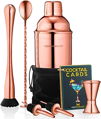 Modern Mixology 8-Piece Cocktail Shaker Set with Velvet Bag | Complete Kit for Bartenders | Includes Shaker with Strainer, Jigger, Muddler, Spoon, Pourers | Travel Bar Essentials (Copper)