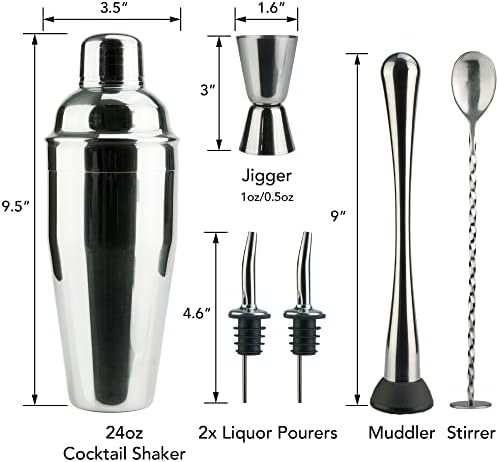 Arora Barware Set - 6pc - Stainless Steel - Professional Bar Tools for Drink Mixing, Home, Bar, Party, Silver, 24oz (851111)