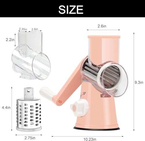 Cambom Rotary Cheese Grater Hand Crank Cheese Shredder for Fresh Cheese, Vegetable, Nuts,Non-slip Suction Base，Three Blades,Pink