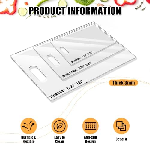 Ziliny 3 Pcs Clear Acrylic Cutting Boards for Kitchen Counter Chopping Boards with Easy Grip Handle Non Slip Clear Cutting Board for Countertop with Anti Slip Rubber Feet for Countertop Home Protector