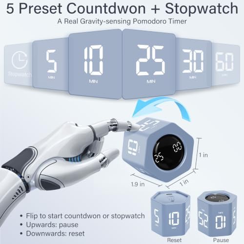 Rotating Productivity Timer 5, 25, 10 30,60 Mins Preset Stopwatch, Desk Flip ProductivityTimer, ADHD Tool Hexagon, Vibration/Mute/Alarm, for Work, Study, Back to School, Kitchen, Blue