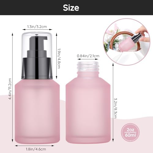 Segbeauty 2oz Frosted Glass Refillable Pump Bottles for Toiletries, 5pcs Travel Size Empty Bottles with Pumps for Cosmetics, 60ml Pink Travel Containers for Oils Bottle Dispenser Liquid Containers