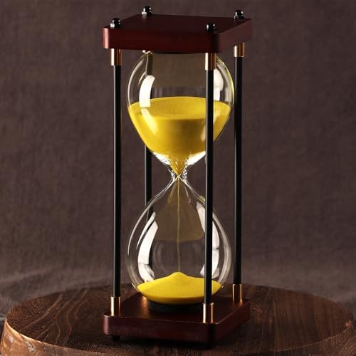 Large Sand Hourglass Timer, Vintage Wooden Sand Timer 60 Minutes, Glass Sand Clock Minutes with Wooden End Caps, Sand Timers for Games Classroom Home Office Kitchen Use (Yellow Sand)