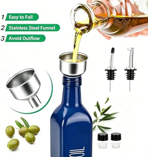 Glass Oil Dispenser for Kitchen, Blue Olive Oil Dispenser Bottle, 17 oz Borosilicate Glass Cooking Oil Container, Multipurpose Oil Bottle with Leak-Proof Spout