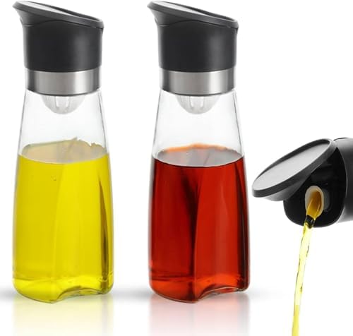 Premium Glass Olive Oil and Vinegar Dispenser Bottles Set, 2-Piece 11oz Kitchen Cooking Cruet with Auto-Open Lid, Non-Drip Pouring Spout, Oil Infuser Filter, Dishwasher Safe