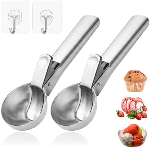 Ice Cream Scoop,Portable Stainless Steel Ice Cream Scoop with Trigger and Comfortable Handle,Dishwasher Safe,DIY Ice Cream,Gelato,Sorbet,Cake Batter (2p-silver)