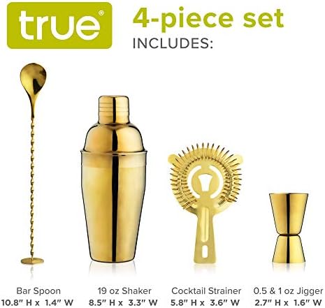 True 4-Piece Cocktail Shaker Set Includes Cobbler Shaker, Strainer, Jigger, Bar Spoon for Classic Cocktails, Mixed Drinks, Cold Brew, Home Bar Tools, Bartender Gifts, Bar Cart Accessories, Gold
